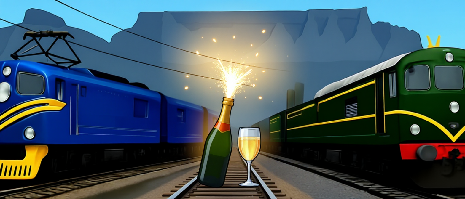 The Blue Train and Rovos Rail with a champagne bottle and glass